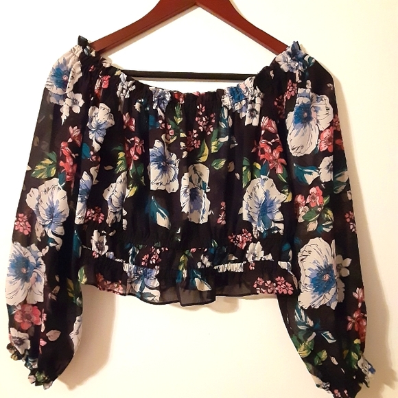 2bella Tops - Black Sheer Floral Crop Top with Long Sleeves